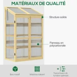 Outsunny Mini Serre De Jardin En Polycarbonate Cadre En Bois 3 étagères Dim. 80L X 50l X 130H Cm Double Porte Toit Ouvrant Bois De Sapin Autoclave - Beige 9 Outsunny Mini Serre De Jardin En Polycarbonate Cadre En Bois 3 étagères Dim. 80L X 50l X 130H Cm Double Porte Toit Ouvrant Bois De Sapin Autoclave - Beige -Serre de jardin Boutique 53591964 5