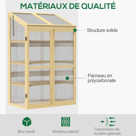 Outsunny Mini Serre De Jardin En Polycarbonate Cadre En Bois 3 étagères Dim. 80L X 50l X 130H Cm Double Porte Toit Ouvrant Bois De Sapin Autoclave - Beige 5 Outsunny Mini Serre De Jardin En Polycarbonate Cadre En Bois 3 étagères Dim. 80L X 50l X 130H Cm Double Porte Toit Ouvrant Bois De Sapin Autoclave - Beige – Image 5