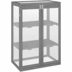 Outsunny Mini Serre De Jardin 3 Niveaux Dim. 76L X 47l X 110H Cm Double Porte Toit Ouvrant Bois Sapin Lasuré Gris Polycarbonate - Gris
