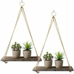 PREMIER Lot De 2 étagères Rustiques En Bois Vieilli à Suspendre Avec Corde Et Crochets