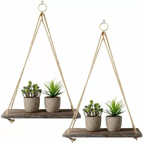 PREMIER Lot De 2 étagères Rustiques En Bois Vieilli à Suspendre Avec Corde Et Crochets 1 PREMIER Lot De 2 étagères Rustiques En Bois Vieilli à Suspendre Avec Corde Et Crochets