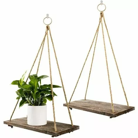 PREMIER Lot De 2 étagères Rustiques En Bois Vieilli à Suspendre Avec Corde Et Crochets 2 PREMIER Lot De 2 étagères Rustiques En Bois Vieilli à Suspendre Avec Corde Et Crochets – Image 2