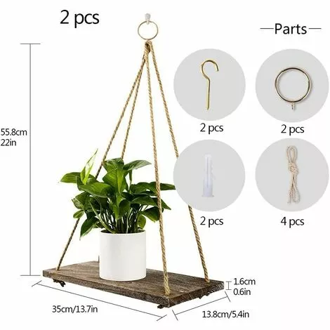 PREMIER Lot De 2 étagères Rustiques En Bois Vieilli à Suspendre Avec Corde Et Crochets 3 PREMIER Lot De 2 étagères Rustiques En Bois Vieilli à Suspendre Avec Corde Et Crochets – Image 3