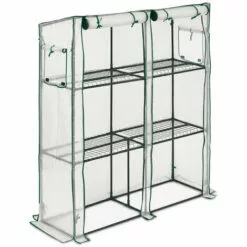 Relaxdays Petite Serre, 4 étagères, 2 Portes Et Fenêtres, Toit Incliné, En PE, HxLxP : 162 X 143 X 46 Cm, Blanc