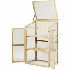 GIANTEX Serre De Jardin En Bois De Sapin, Mini Serre Balcon Pour Plantes, Serre Solide En Polycarbonate Transparent,avec Lumière Appropriée,pour Balcon Jardin Terrasse, Naturelle (60x45x100CM)
