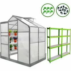 MONSTER SHOP Serre De Jardin Avec Base 1.9mx3.1m Cadre Aluminium Avec Fenêtre Et Porte Coulissante Jardinerie Plantes & Étagères - Vert