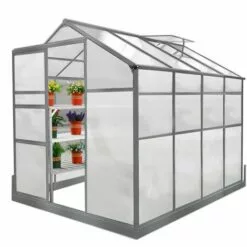 MONSTER SHOP Serre De Jardin Avec Base 1.8mx2.4m Cadre Aluminium Avec Fenêtre Et Porte Coulissante Jardinerie Plantes - Gris