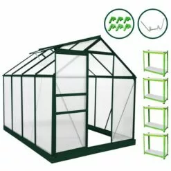 MONSTER SHOP Serre De Jardin Avec Base 1.9mx2.5m Cadre Aluminium Avec Fenêtre Et Porte Coulissante Jardinerie Plantes & Étagères - Vert