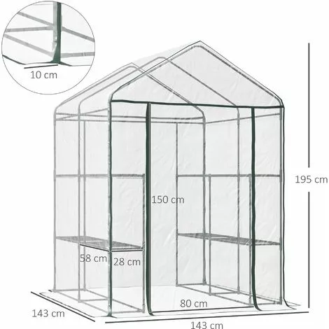 HOMCOM Serre De Jardin Balcon Terrasse 4 étagères 143L X 143l X 195H Cm Acier PVC Imperméable Anti-UV Transparent Vert - Transparent 3 HOMCOM Serre De Jardin Balcon Terrasse 4 étagères 143L X 143l X 195H Cm Acier PVC Imperméable Anti-UV Transparent Vert - Transparent – Image 3