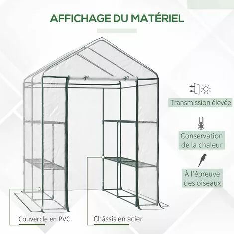 HOMCOM Serre De Jardin Balcon Terrasse 4 étagères 143L X 143l X 195H Cm Acier PVC Imperméable Anti-UV Transparent Vert - Transparent 4 HOMCOM Serre De Jardin Balcon Terrasse 4 étagères 143L X 143l X 195H Cm Acier PVC Imperméable Anti-UV Transparent Vert - Transparent – Image 4